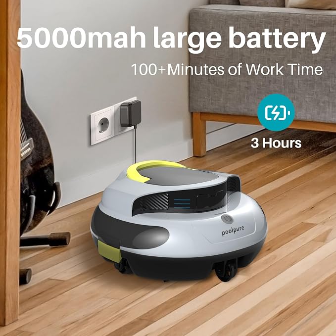 PoolPure Aquaguard SE II Cordless Robotic Pool Cleaner with 5000mAh Large Battery, 120-Min Operating Time, Adjustable Path Options for Above-Ground Pools and More (Grey-Yellow)