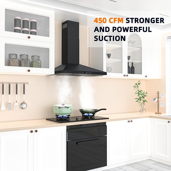 FIREGAS Black Range Hood 30 inch, 450 CFM Wall Mount Range Hood with Ducted/Ductless Convertible, Gesture Sensing Control & Touch Control Kitchen Hood Vent, Baffle Filters, Charcoal Filters