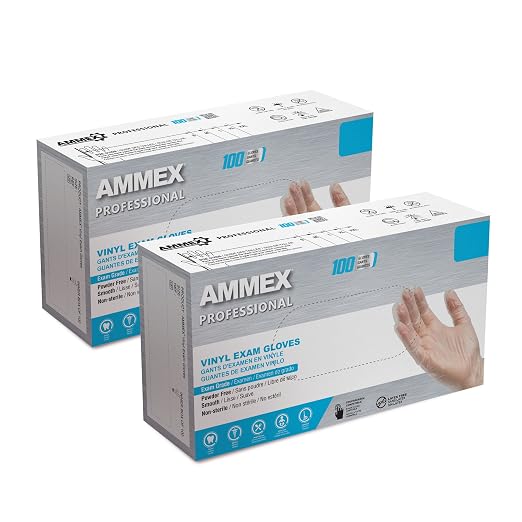 AMMEX Gloves, Disposable Latex Free Clear Vinyl, Powder Free Exam Grade, for Medical, Cleaning, & Food, Size S & M, 200 Count