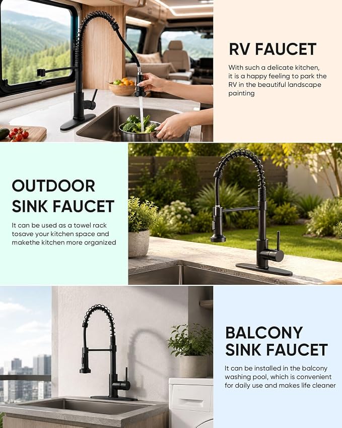 Black Kitchen Faucet with Pull Down Sprayer, Stainless Steel Single Handle Pull Out Kitchen Sink Faucets for Pot Filler, Farmhouse Camper Bar Laundry Room
