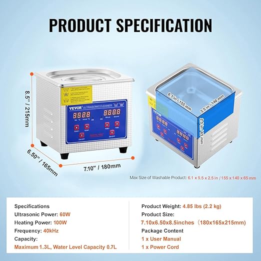 VEVOR 1.3L Professional Ultrasonic Industrial Cleaner with Digital Timer 40kHz Excellent Ultrasonic Cleaning Machine 110V for Jewelry Watch Ring Coin Diamond Eyeglasses Small Parts Cleaning