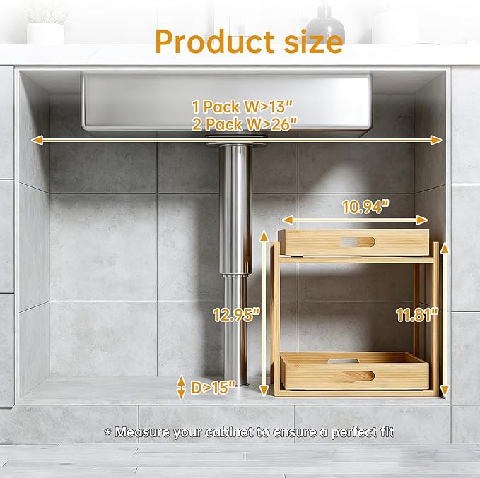 Under Sink Organizer and Storage - 2-Tier Bamboo Kitchen Cabinet Shelf with Adjustable Levels, Undersink Organization Slide Out for Bathroom Cabinet Pantry(Natural, 2 Packs)