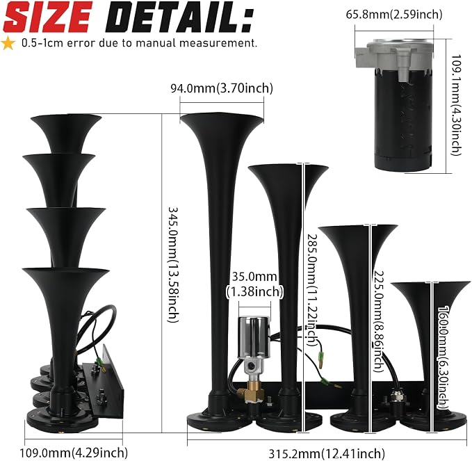 PTNHZ Single Row 4 Trumpet Air Horns Kit w/Air Compressor (No Wiring Harness & Button Switch) 12/24V Super Loud 178dB Universal for Pickup Car Jeep SUV Train Boat(Black)