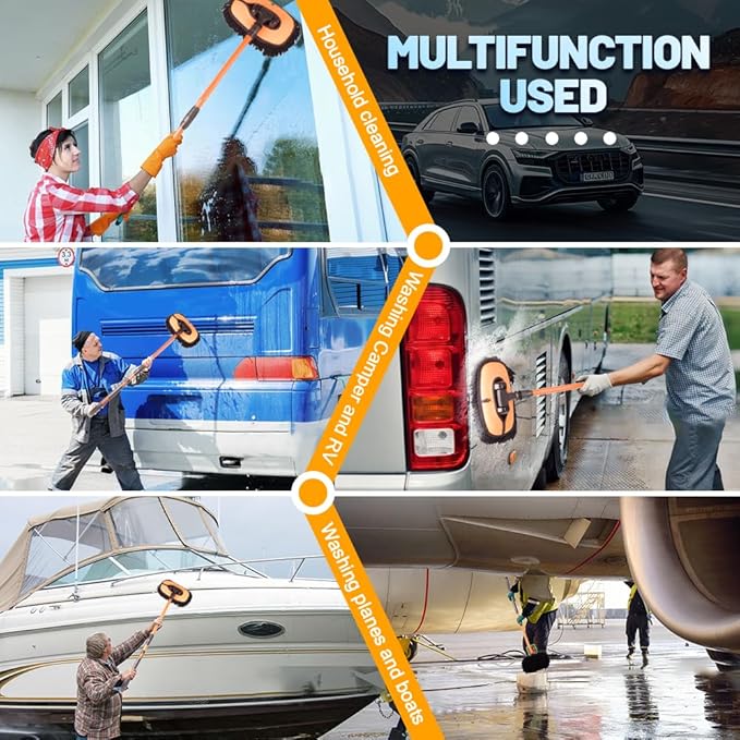 Car Wash Brush with Long Handle, Chenille Microfiber Car Wash Mop Kit, Scratch Free Car Cleaning Supplies with Ergonomic 15掳 Curved Extension Pole for RV Truck Boat Windshield - Orange