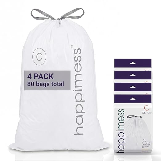 happimess 13.2 Gallon (50L) Drawstring Trash Bags, Unscented, White, Heavy Duty LDPE Liners for Kitchen and Household, Custom Fit 80 Count (4 Packs of 20 Liners) HPM3000C-W-4SET