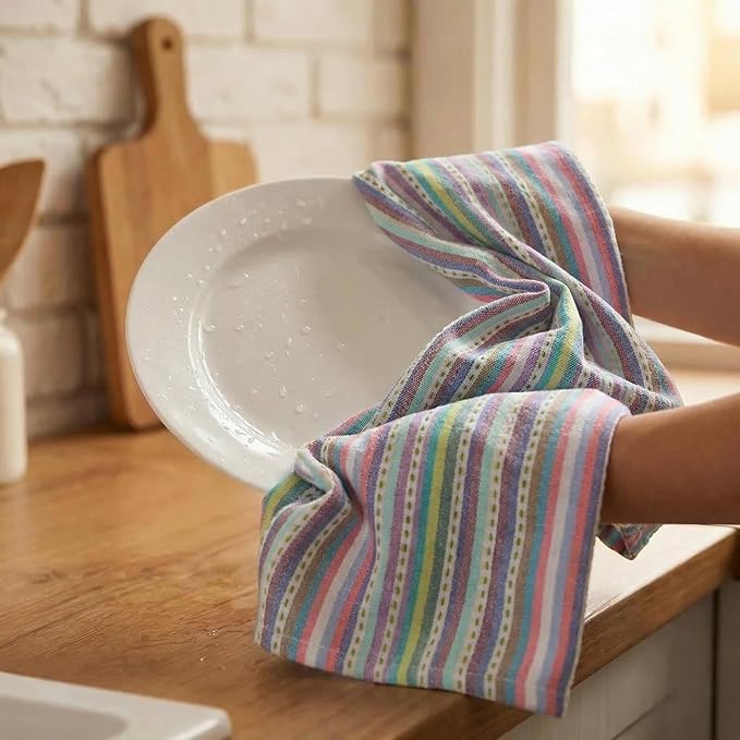 Urban Villa Kitchen Towels 100% Cotton Dish Towels for Kitchen(Set of 6)20”x30” Dish Cloths Highly Absorbent Kitchen Linen Set with Hanging Loop Perfect for Drying Dishes Cleaning Towels-Blue Stripes