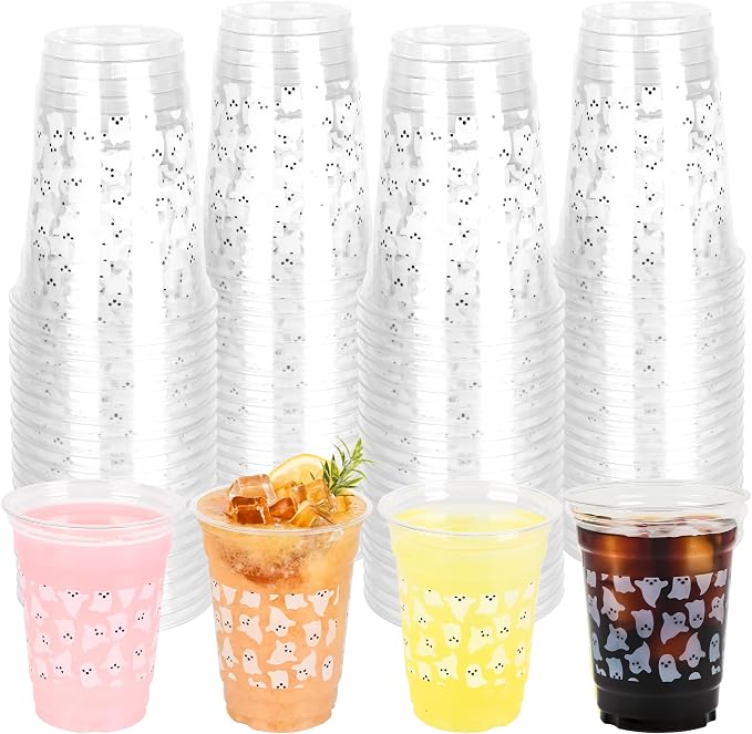 AimFun 50Pcs Summer Halloween Ghosts 12oz Clear Plastic Cups | White Black Ghosts, Disposable Party Cup, Summerween ,Cute Boo Spooky, for Candy Beverage Snacks Birthday Baby Shower