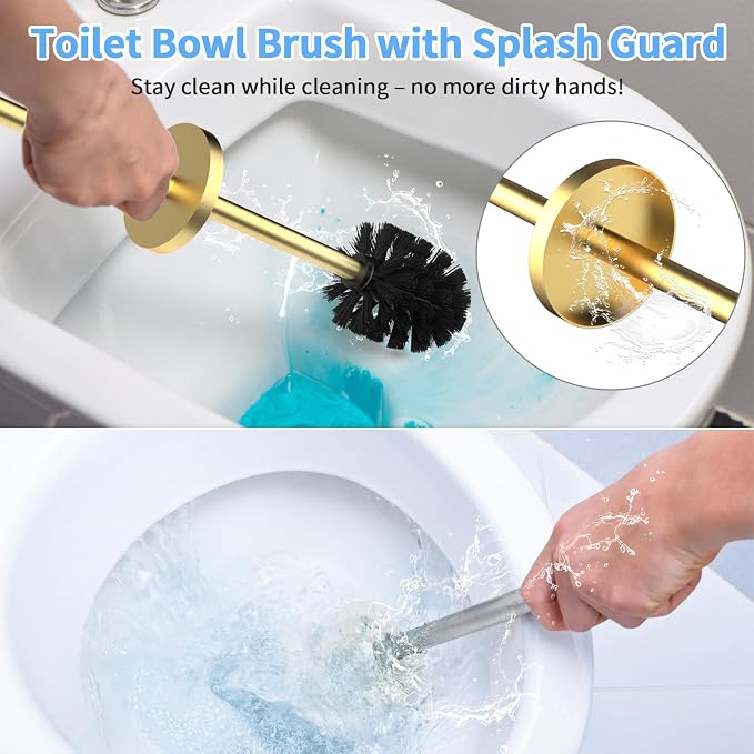 Stainless Steel Toilet Brush and Holder Set Brushed Silver Heavy Duty Toilet Bowl Brush with Long Handle for Bathroom and Farmhouse (Gold)