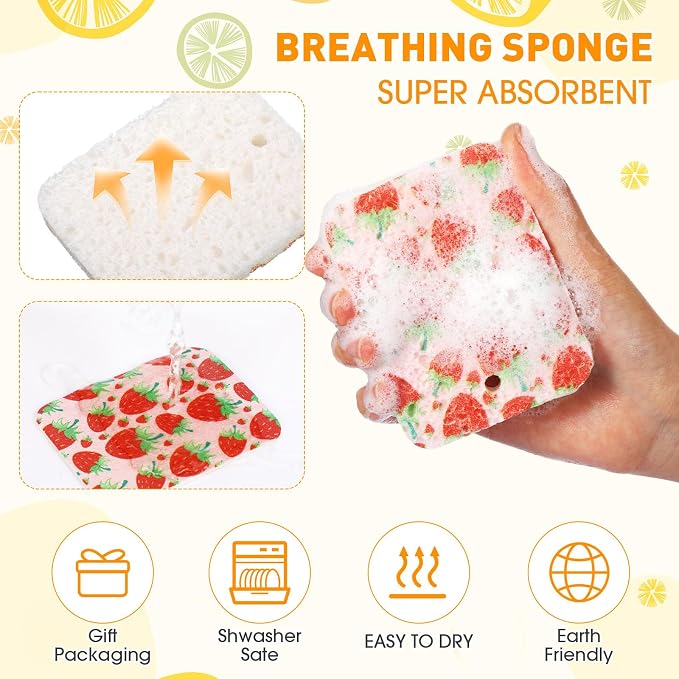 Maxdot 50 Counts Compressed Cellulose Sponges Bulk Fruits Pattern Natural Kitchen Compostable Non Scratch Dish Sponges for Washing Dishes,Cleaning Countertop Sink,Kids DIY