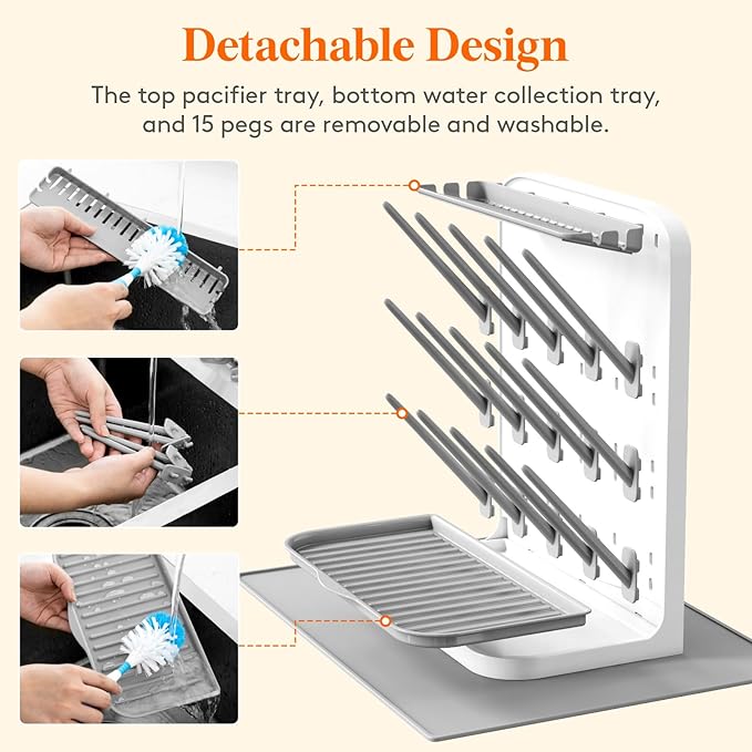 Lifewit Large Baby Bottle Drying Rack with Drain Mat & 15 Hooks, Newborn Essentials Must Haves, Countertop Holder Organizer for Baby Stuff, Rack Dryer for Pacifiers, Weighted Straws, Pump Parts