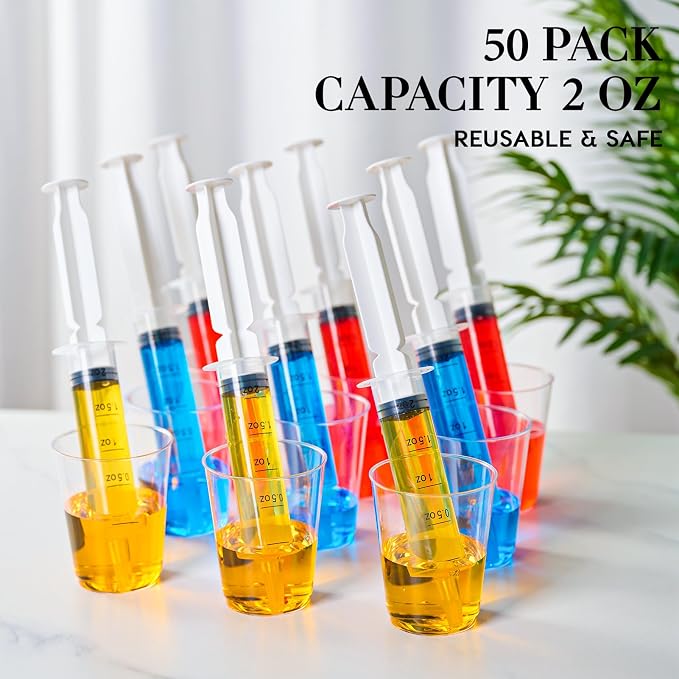 FOCUSLINE 50 Pack Jelly Shot Syringes, 2 OZ Capacity Plastic Shot Glasses, Durable Jelly Shot Syringes with Lid, Perfect for Halloween, Thanksgiving, Christmas