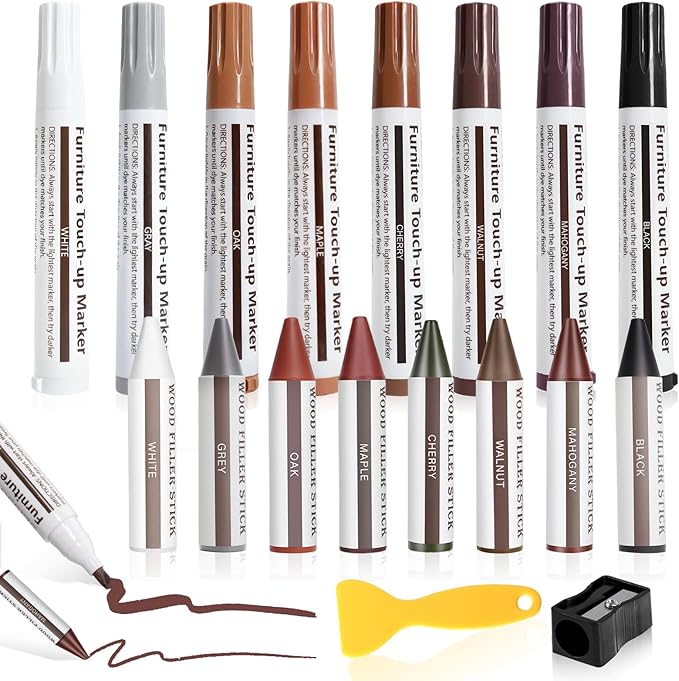 SEISSO 8 Colors Wood Wax Sticks ＆ Wood Markers Furniture Repair Kit, Wood Floor Scratch Repair, Furniture Markers Touch Up Restore Wood Floors, Tables, Holes, Laminate, Carpenters