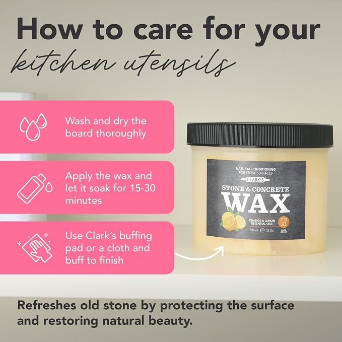CLARK’S Natural Stone Wax - Seal and Protect Soapstone, Slate and Concrete with Carnauba and Beeswax - Use on Kitchen and Bath Countertops - Enriched with Lemon and Orange Extract, Large 32oz