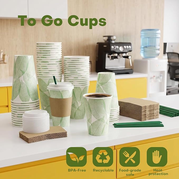 Plant-Based PLA Lined Disposable Coffee Cups with Lids, Straws & Sleeves, Compostable Cups Set, Eco-Friendly for Hot/Cold Drinks, Party, Travel, Office (12 oz 100 Count)