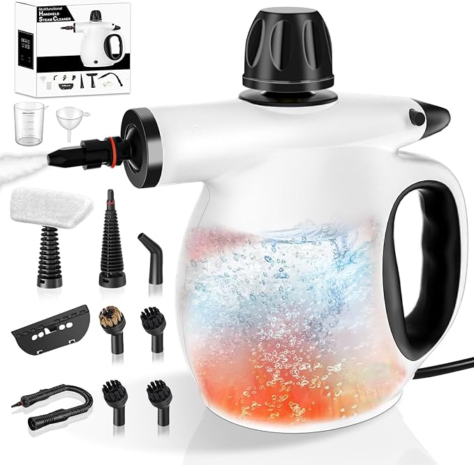 Handheld Steam Cleaner | 1300W High Pressure Steamer with 13 Accessories, Portable Steam Cleaner for Home,Grout, Kitchen, Car, Window, Upholstery,Floor, Bathroom and Clothes, White