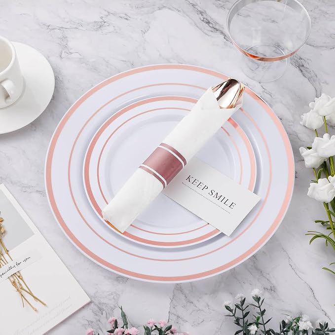 BESTVIP 700PCS Rose Gold Plastic Dinnerware Set, Disposable Party Plates for 100 Guests, Include: 200 Plastic Plates, 100 Pre Rolled Napkins with Rose Gold Silverware, 100 Cups for Christmas