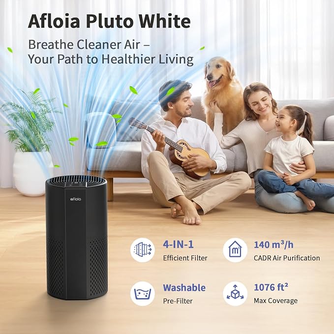 Afloia Air Purifier for Home, 4-in-1 Washable Filter for Allergies, Covers Up to 1076 ft², Quiet Operation, Auto Shut-Off & Night Light, Removes Pet Dander, Pollen, Dust, Mold, and Smoke,Black