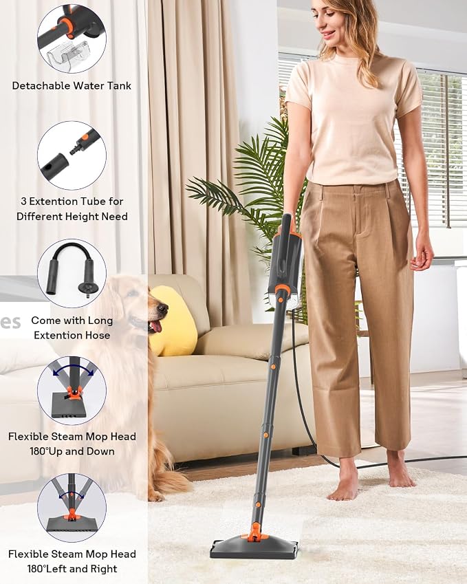 Steam Mop Cleaner with Detachable Handheld Steamer, 20 in 1 Wired Steam Cleaner with Multiple Accessories, Detachable Water Tank, Microfiber Pads for Floor Tiles Carpet and Grout Cleaning (Grey)