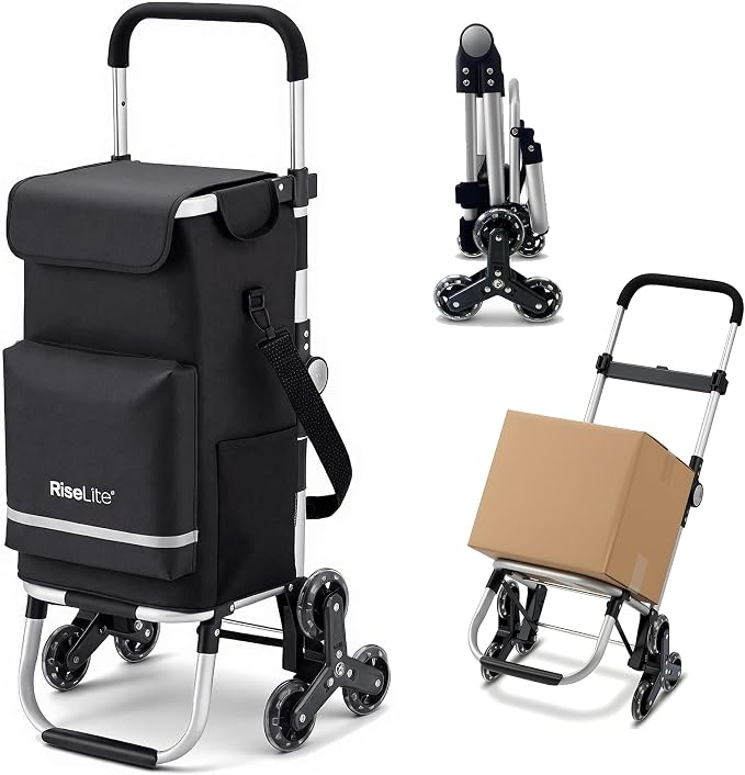 Stair Climbing Cart - Shopping Cart with Wheels for Stairs, Foldable Tri-Wheel Grocery Cart for Seniors & Apartments, 55L Bag with Insulated Cooler, Adjustable Handle, 110 Lbs, Waterproof