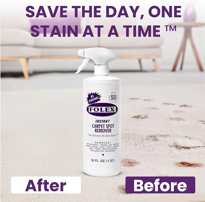 FOLEX Instant Carpet Spot Remover 32 oz – Powerful Stain Remover for Carpets, Upholstery & Rugs – Eliminates Pet Stains, Grease, Red Wine, Food, Makeup & More – With Reusable Cleaning Cloth - 6 Pack