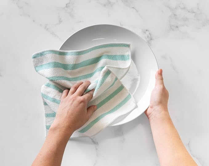 Martha Stewart Microfiber Cleaning Cloths, Ultra-Absorbent, Lint-Free Cleaning Towels for Home & Kitchen, Teal Stripes, 11 Inches, 24 Count
