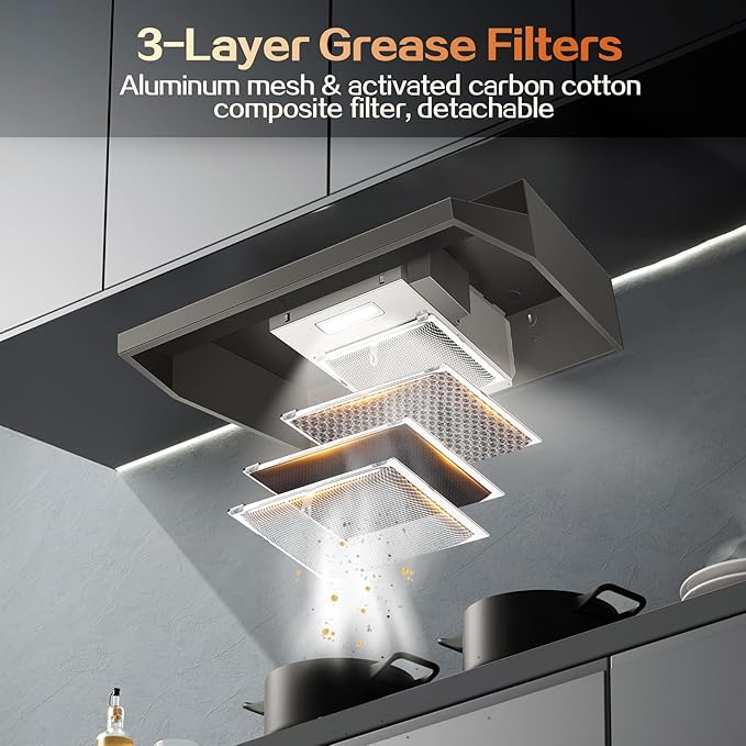 24 inch Range Hood Under Cabinet, Black Kitchen Hood 280CFM, Ducted/Ductless Vent Hood with Rocker Button Control, Stove Hood with 2 Speeds Fan, Bright LED Light