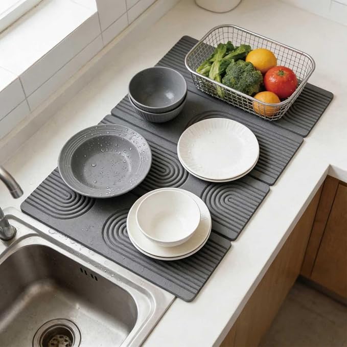 Large Quick-Dry Stone Drying Mat for Kitchen Counter, 24" × 16", Foldable Diatomaceous Earth Dish Drying Mat with PU Non-Slip Base,for Bottles Cups Dishes (Gray (4-fold), 24" × 16")