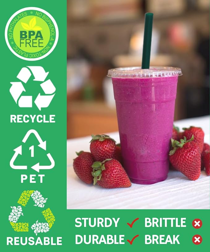 [100 Sets] 24 oz Clear Plastic Cups with Lids and STRAWS, Disposable Party Cups for To Go Iced Coffee Cold Drinks, Smoothie, Juice, Parfait, Frappuccino, Milkshake. No Leaking Fruit Cup