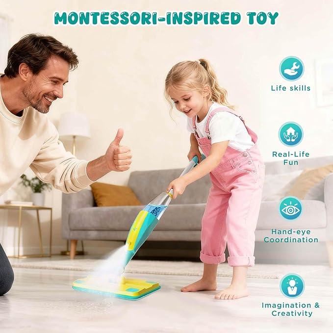 Kids Spray Mop,Toddlers Cleaning Play Sets with Real Water Sprayer,Includes Versatile Apron,Pretend Play Sets,Toddler Kids Cleaning Toy Set,Montessori Cleaning Set,Gifts for Boys Girls