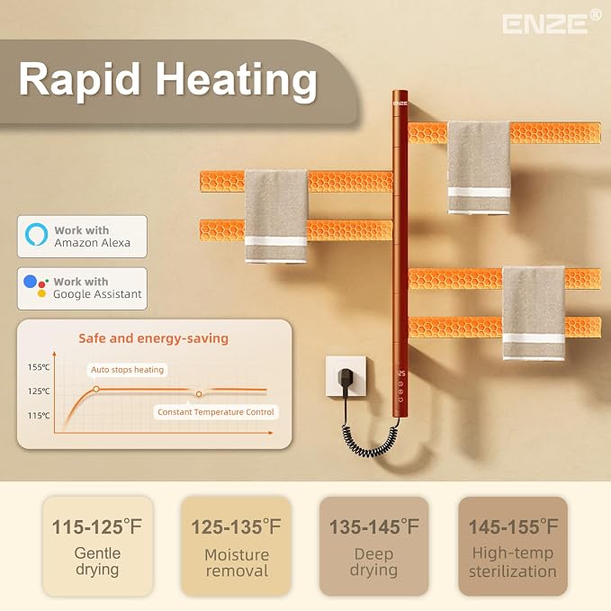 ENZE Smart Rotating Heated Towel Rack for Bathroom, 5-Bar Wall-Mounted Electric Towel Warmer with Swivel Bars, Wi-Fi App Control, 24H Timer, Stainless Steel, IPX5, Hardwired/Plug-in, Matte Black