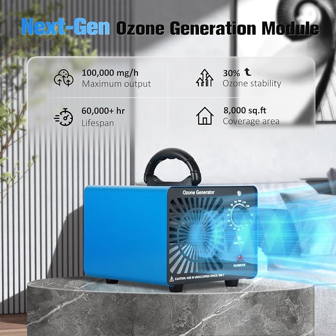 Next-Gen Ozone Generator, 100,000mg/h High Capacity Ozone Machine Odor Removal Up to 8000 Sq.Ft, Commercial Home Ionizer Air Purifier for Car, Home, Basement, Farm, Smoke