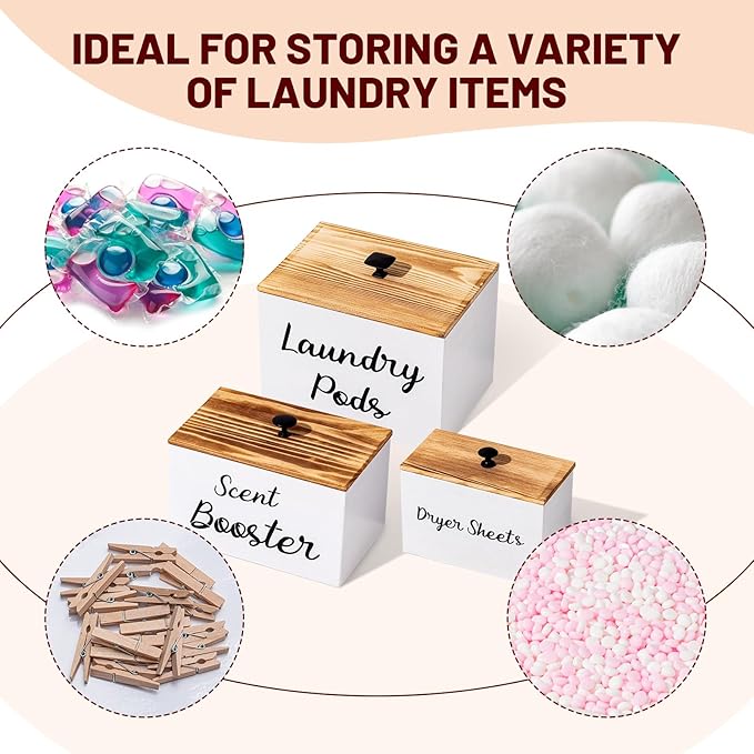 Dandat 3 Pcs Wood Laundry Pods Container Dryer Sheet Holder Dryer Sheets Holder Scent Booster Container Set with Scoop Rustic Laundry Room Beads Dispenser for Storage(White)