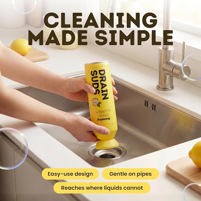 SonicPower Foaming Drain Cleaner, Foam Sink Cleaner and Deodorizer, Drain Clog Remover for Kitchen Sinks, Bathrooms, Garbage Disposals, Shower Drains, Tubs, Washbasin (Lemon (2 Pack))