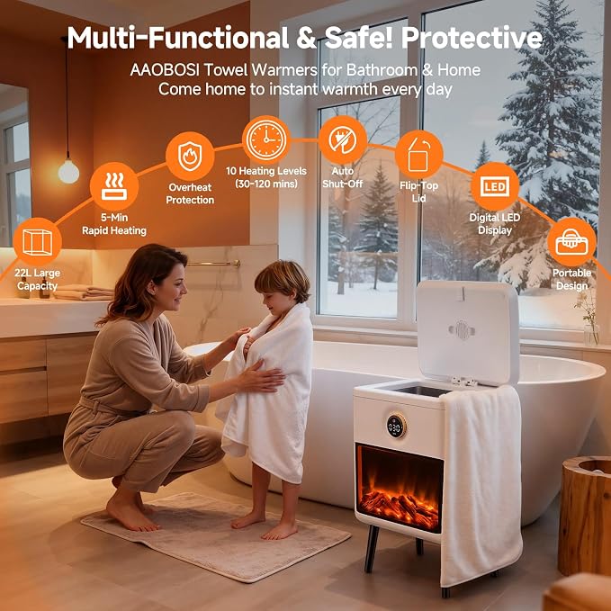 AAOBOSI Towel Warmers for Bathroom, 22L Large Heated Towel Warmer Bucket for Clothes, Robe, Dynamic Flame Effect, 30-120 Min Timer, Child Safety Lock, Gifts for Wife, mom