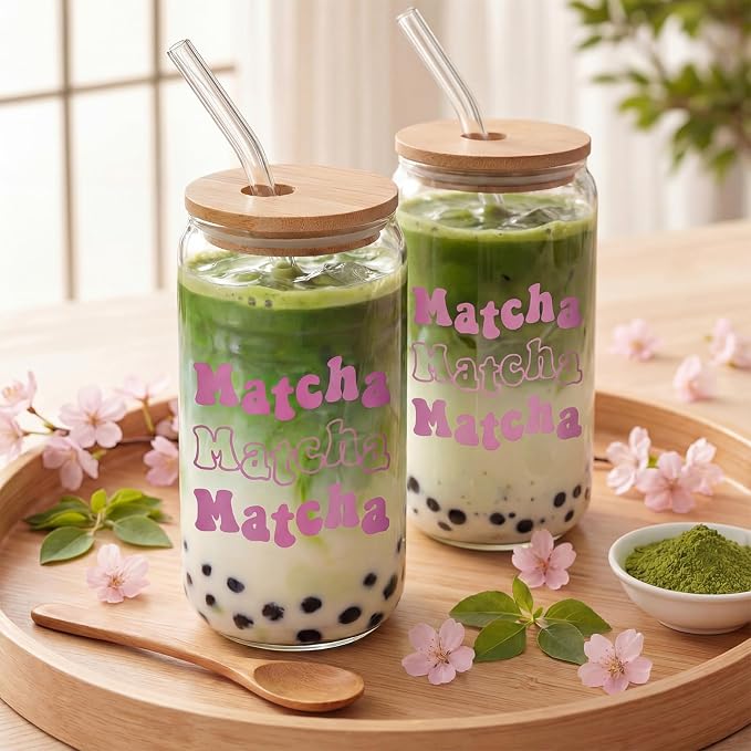 LemonRoad 2 Set 16oz Glass Matcha Cups with Reusable Straw and Bamboo Lid Gifts for Matcha Lovers Cute Pink Print Glass with Cleaning Brush Clear Can Shaped Tumbler for Iced Coffee Party Supply