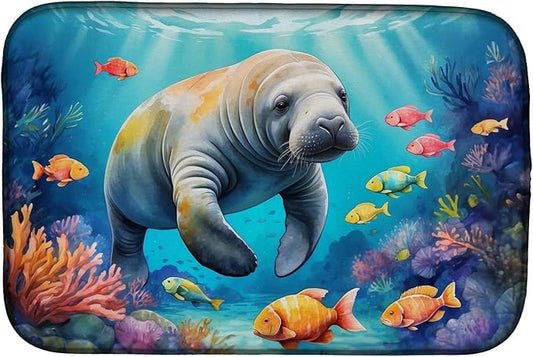Caroline's Treasures Summer Manatee Dish Drying Mat Absorbent Dish Drying Mat Pad for Kitchen Counter Dish Drainer Mat for Countertop, 14 x 21", Multicolor