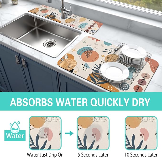 Dish Drying Mat for Kitchen Counter Matt, 2PCS 31.5"x17" Dish Drainer Mat & 24"x5.5" Sink Splash Guard, Super Absorbent Non-slip Rubber Backed