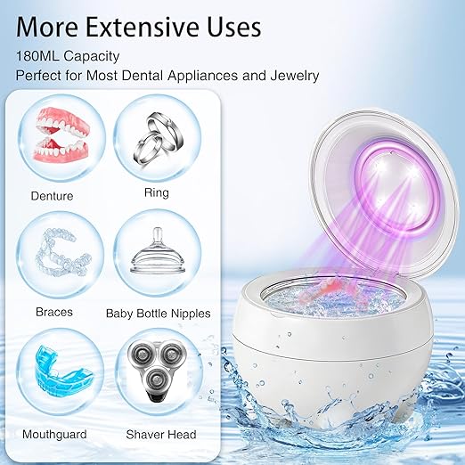 Ultrasonic Retainer Cleaner Machine 45kHz, Ultrasonic Denture Cleaner with UVA +UVC for Aligner, Nightguard, Mouthguard etc Oral Dental Care, (White)