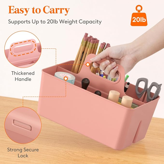 Lifewit 3-Pack Plastic Divided Caddy Organizer with Handle, Portable Art Supply Storage Organizer for Craft Supplies, Cosmetics, Holds Pencil, Crayon, Brushes, Hair Product, Dorm Shower Caddy, Pink