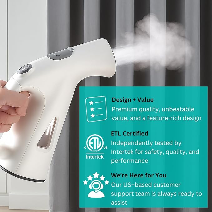 True & Tidy Compact Handheld Garment Steamer for Clothes, Travel Steamer with Stainless Steel Nozzle, 800 watts, White
