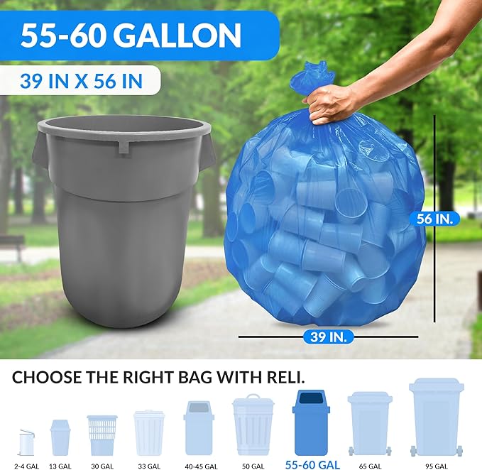 Reli. SuperValue 55-60 Gallon Recycling Bags | 75 Count | Blue Trash Bags | Made in the USA