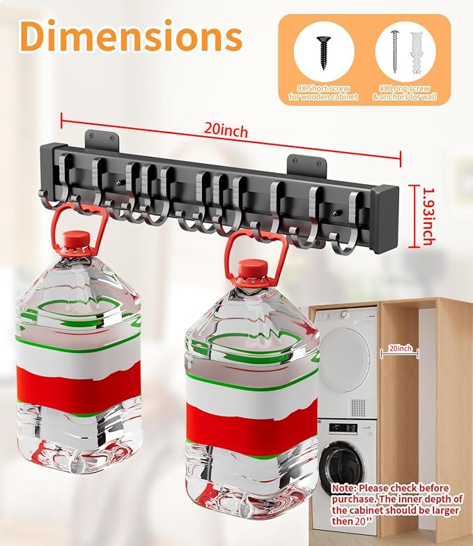 Pull Out Broom Holder With 9 Adjustable Sliding Hook, Multifunctional Slide Broom And Mop Storage/Organizer Garage Organization Hooks, for Closet Laundry - 20.1inch/51cm