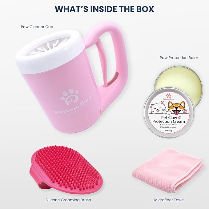 Dog Paw Cleaner Kit - Includes Paw Washer Cup, Towel, Pet Bath Brush & Moisturizing Balm - Dog Foot Washer for Muddy Paws, ideal for Small & Medium Dogs (Pink, Medium)