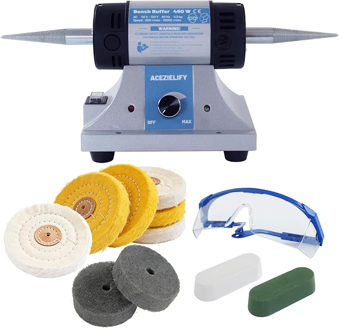 450W Jewelry Polisher, Variable Speed Bench Polishing Machine, Profesional Desktop Buffer Motor with 4'' Cotton, 3'' Fiber Buffing Wheels, Safe Glasses, Polish Compound for Jewelry Metal