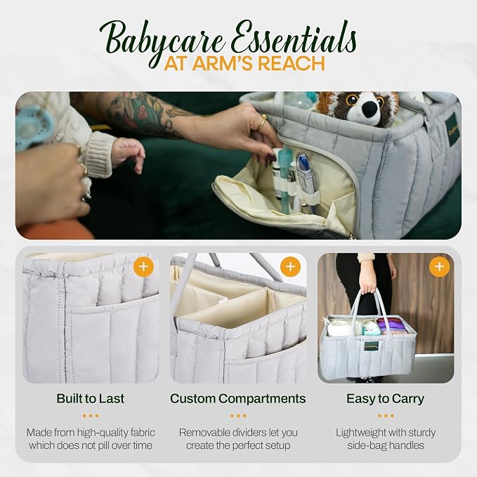 Large Diaper Caddy Organizer with Handle – Baby Basket for Nursery, Car, and Changing Table – Portable Baby Storage with Compartments – Perfect for New Parents and Baby Shower Gifts (Gray)