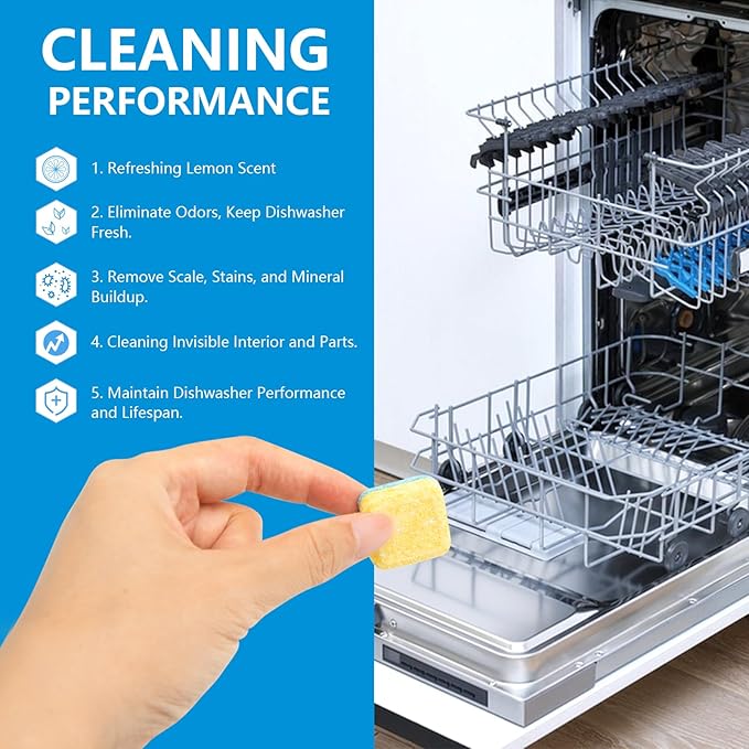 Broom and Dustpan Set+24-Count Dishwasher Cleaner Tablets, Deep Cleaning and Descaling Formula, Removes Odors, Scale, and Hard Water Residue, Maintains Dishwashers, Septic Tank Safe