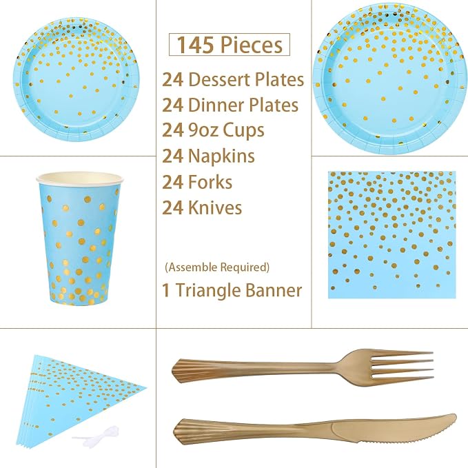 Blue and Gold Party Supplies 145PCS Golden Dot Disposable Party Dinnerware Includes Paper Plates, Napkins, Knives, Forks, Cups, Banner, for Baby Shower, Boy Birthday, Serves 24