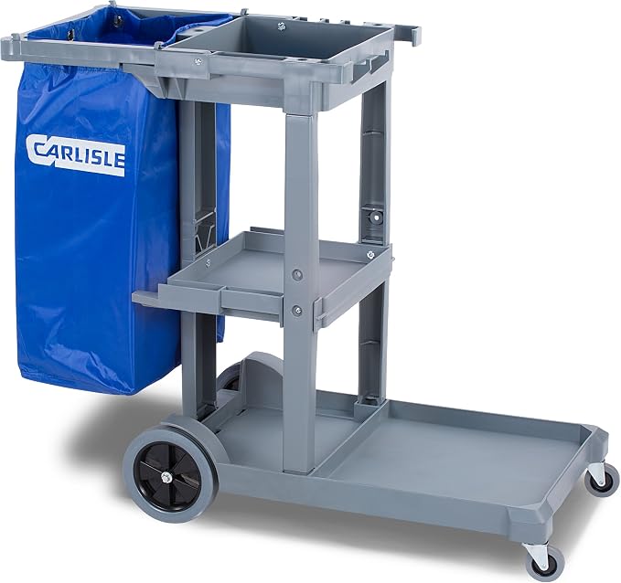 Carlisle FoodService Products Janitorial Cart Short Platform Cart with 25 Gallon Trash Bag for Restaurants, Hospitals, and Schools, Plastic, 45 X 19 X 39 Inches, Gray