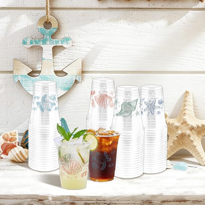 100Pcs Ocean Plastic Party Cups, 12oz Sea Party Disposable Clear Cups for Ocean Parties, Birthday, Summer, Sea Drinking Cups, Under the Sea Party Favors (2 Styles)