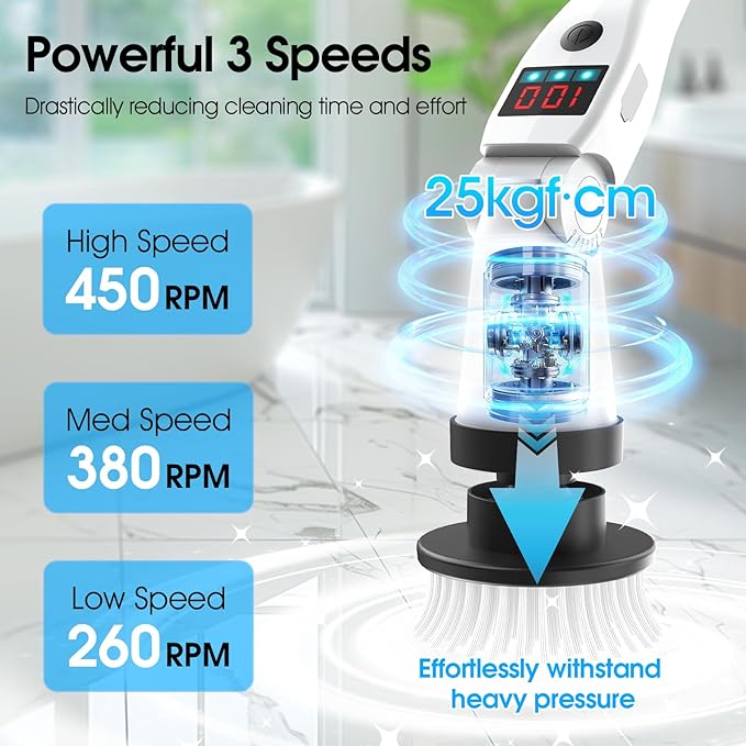 Electric Spin Scrubber, Shower Scrubber with Long Handle, Rechargeable Cordless Power Scrubber, Retractable & Adjustable Angle Spin Brush for Cleaning Bathroom/Tub/Floor/Tile (Black-White+Beige)